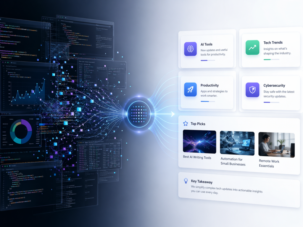 Infographic showing transformation of complex tech data and code into simple, user-friendly dashboard insights and UI cards