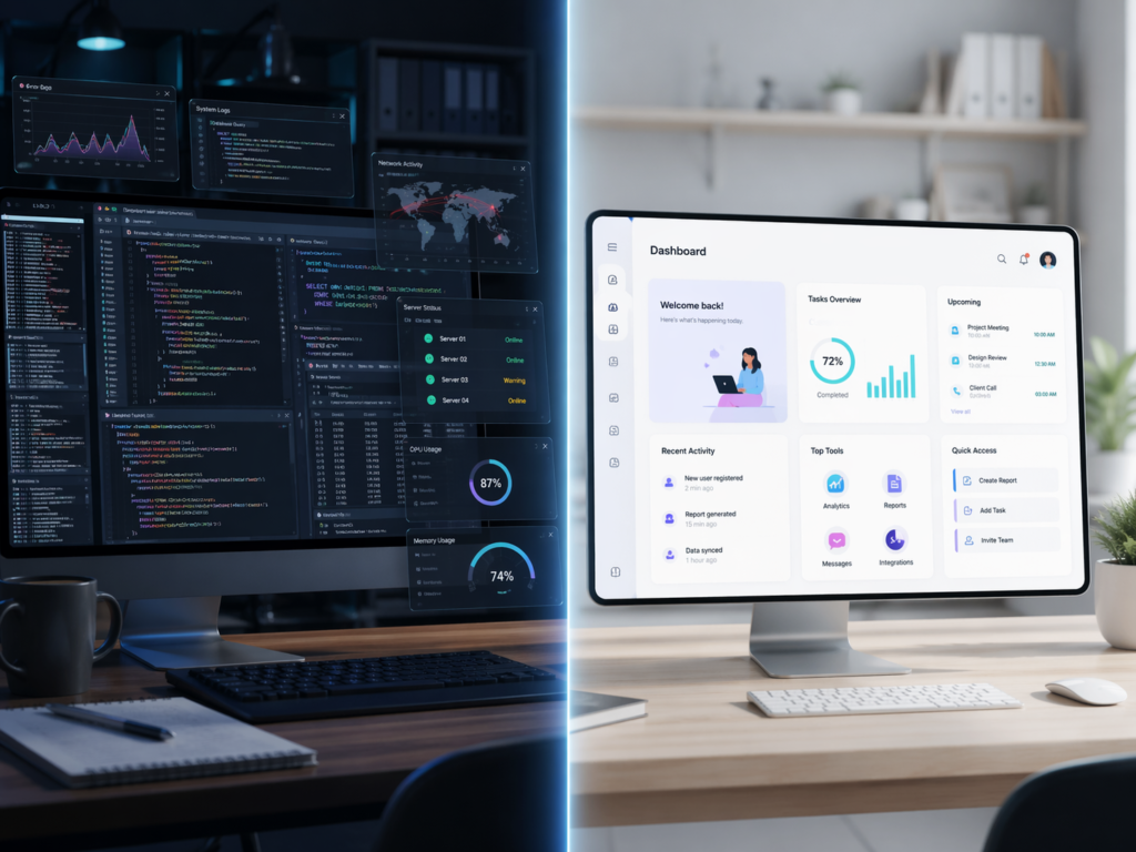 Split-screen workspace comparing a complex coding environment with a clean, simplified dashboard interface on a modern computer